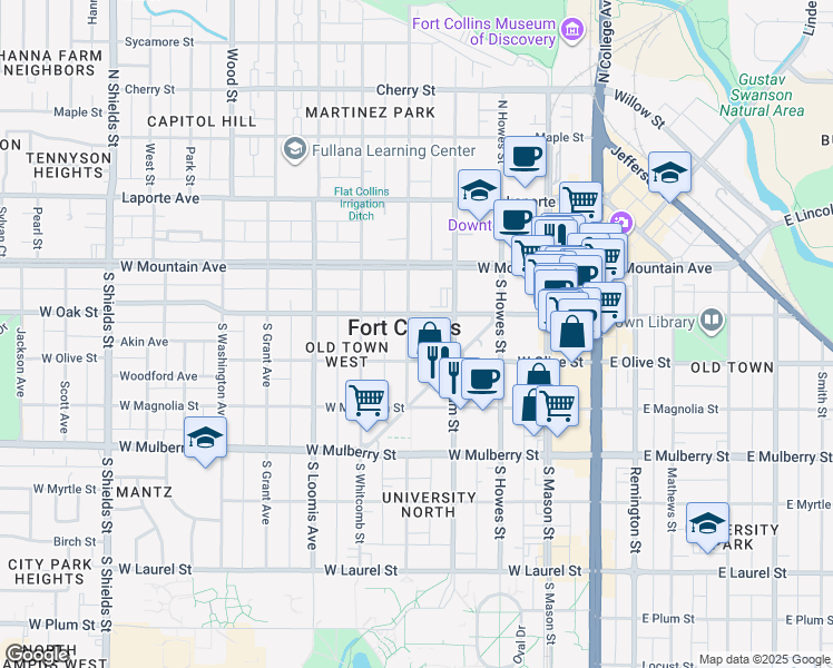 map of restaurants, bars, coffee shops, grocery stores, and more near in Fort Collins