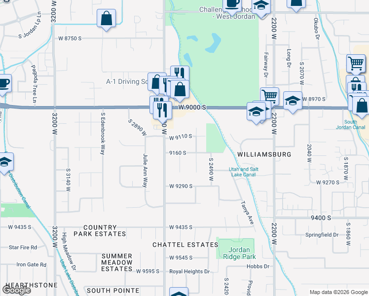 map of restaurants, bars, coffee shops, grocery stores, and more near 2612 Toni Lee Street in West Jordan