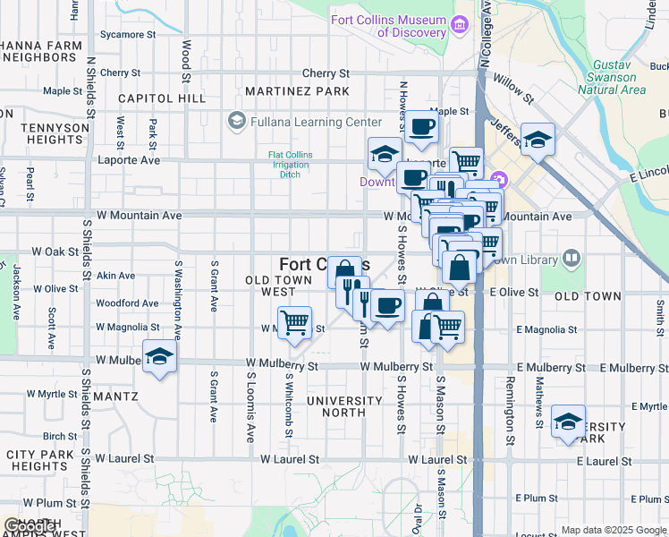 map of restaurants, bars, coffee shops, grocery stores, and more near 212 South Sherwood Street in Fort Collins