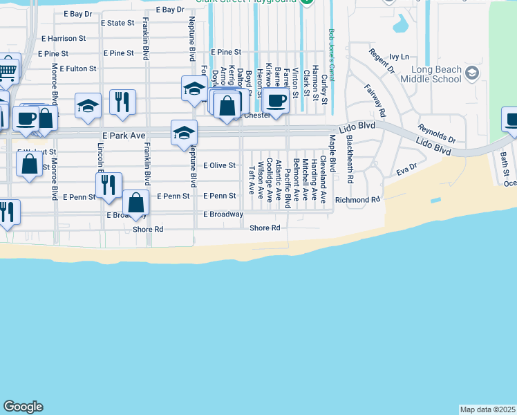 map of restaurants, bars, coffee shops, grocery stores, and more near 106 Wilson Avenue in Long Beach