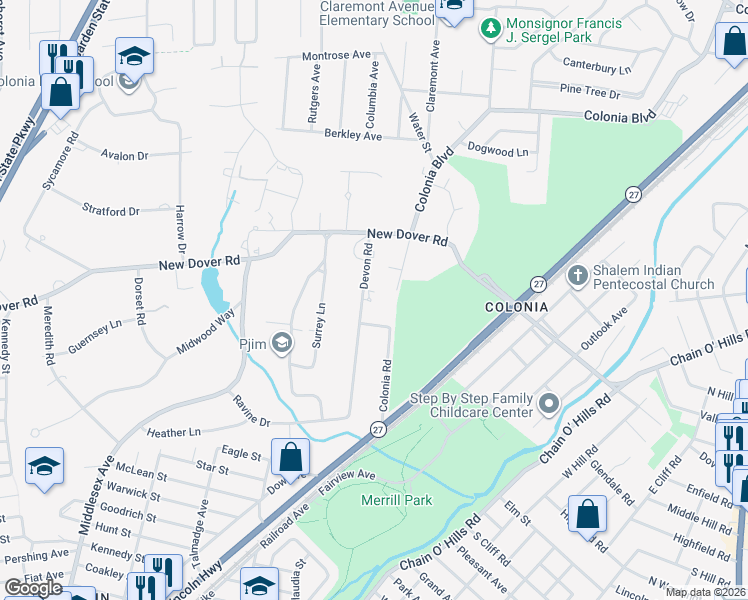 map of restaurants, bars, coffee shops, grocery stores, and more near 55 Devon Road in Woodbridge Township