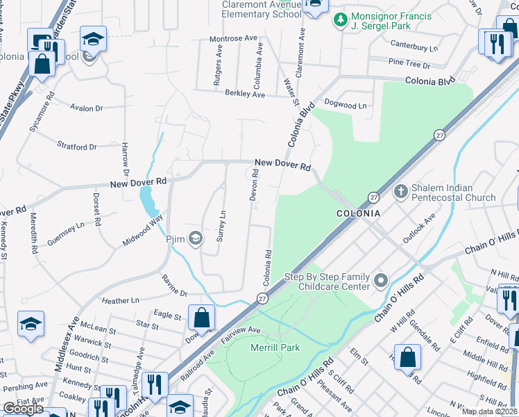 map of restaurants, bars, coffee shops, grocery stores, and more near 55 Devon Road in Woodbridge Township
