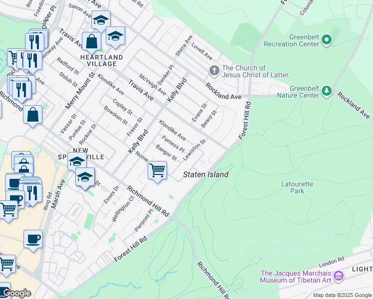 map of restaurants, bars, coffee shops, grocery stores, and more near 416 Klondike Avenue in Staten Island