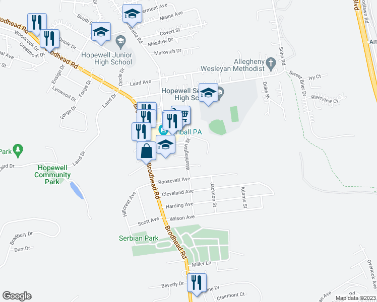 map of restaurants, bars, coffee shops, grocery stores, and more near 3975 Washington Street in Aliquippa