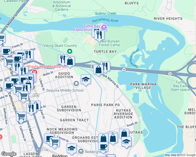 map of restaurants, bars, coffee shops, grocery stores, and more near 1700-1718 Park Marina Dr in Redding