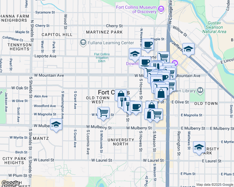 map of restaurants, bars, coffee shops, grocery stores, and more near in Fort Collins