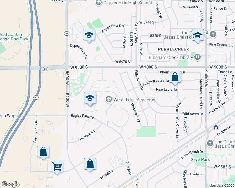 map of restaurants, bars, coffee shops, grocery stores, and more near 5398 Bagley Park Road in West Jordan