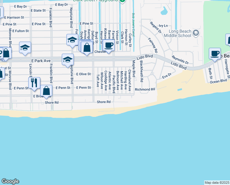 map of restaurants, bars, coffee shops, grocery stores, and more near 107 Pacific Boulevard in Long Beach