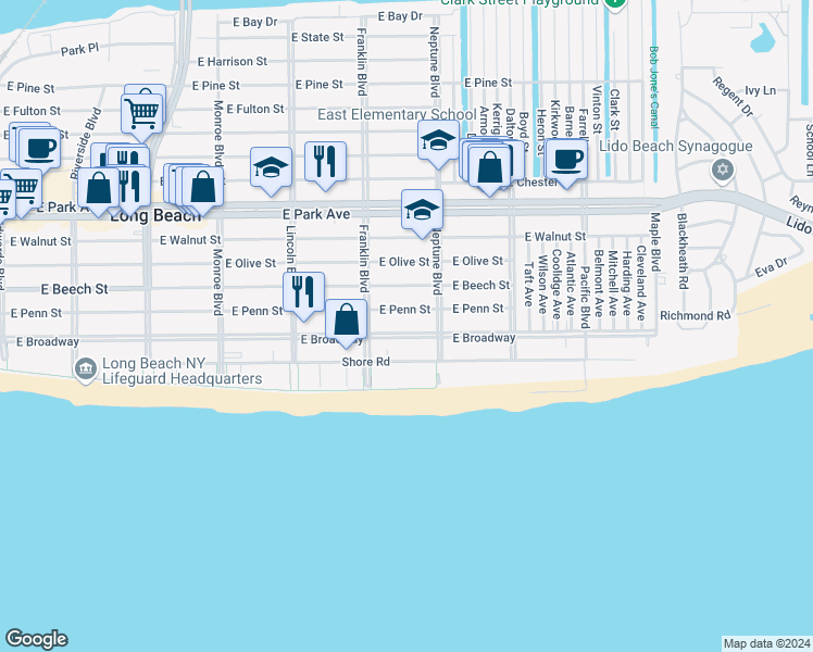 map of restaurants, bars, coffee shops, grocery stores, and more near 528 East Penn Street in Long Beach