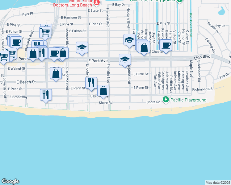 map of restaurants, bars, coffee shops, grocery stores, and more near 528 East Penn Street in Long Beach