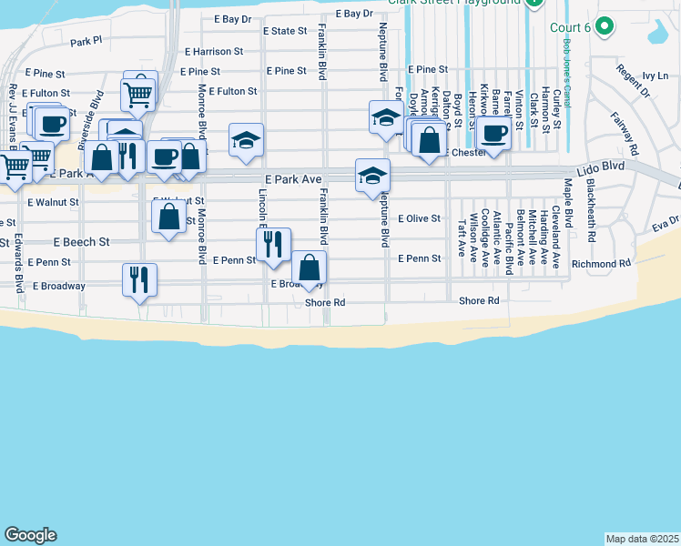 map of restaurants, bars, coffee shops, grocery stores, and more near 528 East Penn Street in Long Beach