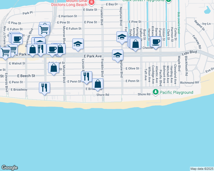 map of restaurants, bars, coffee shops, grocery stores, and more near 528 East Penn Street in Long Beach