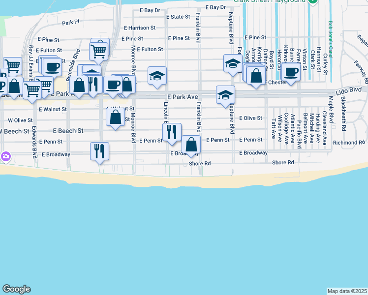 map of restaurants, bars, coffee shops, grocery stores, and more near 420 East Penn Street in Long Beach