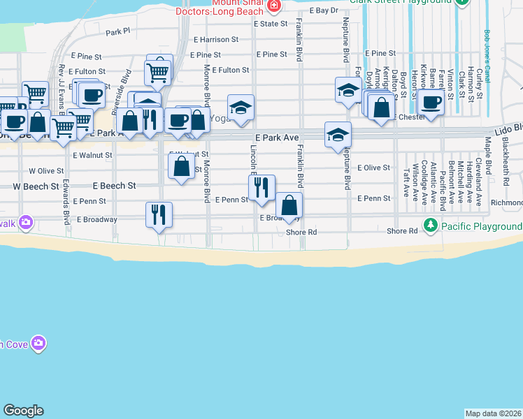 map of restaurants, bars, coffee shops, grocery stores, and more near 420 East Penn Street in Long Beach