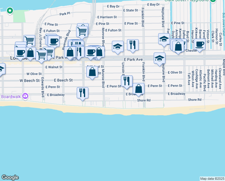 map of restaurants, bars, coffee shops, grocery stores, and more near 322 East Penn Street in Long Beach