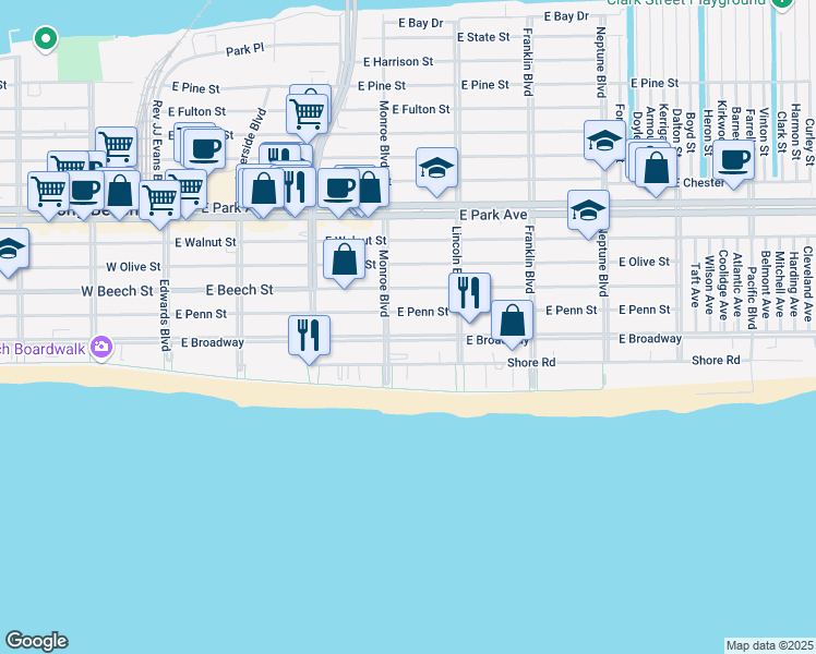 map of restaurants, bars, coffee shops, grocery stores, and more near 322 East Penn Street in Long Beach