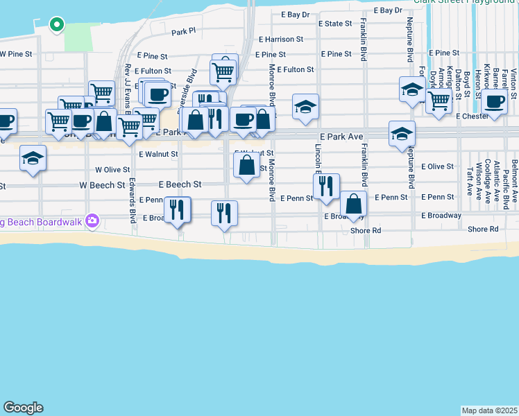 map of restaurants, bars, coffee shops, grocery stores, and more near 270 East Penn Street in Long Beach