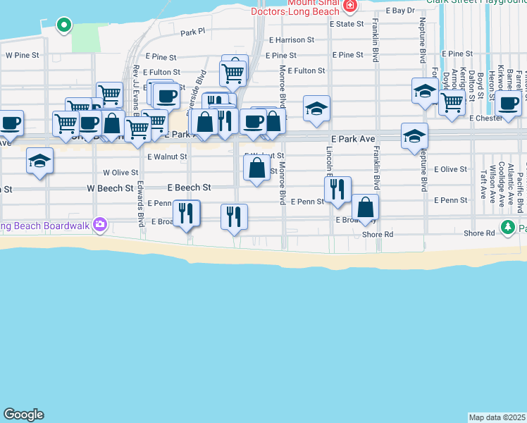 map of restaurants, bars, coffee shops, grocery stores, and more near 270 East Penn Street in Long Beach