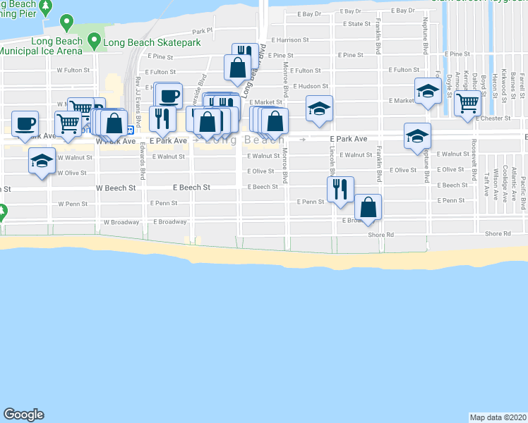 map of restaurants, bars, coffee shops, grocery stores, and more near 270 East Penn Street in Long Beach
