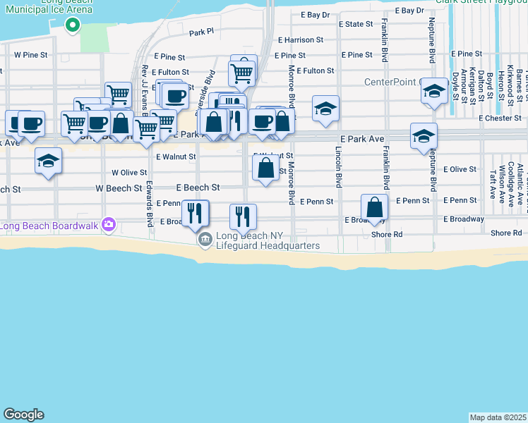 map of restaurants, bars, coffee shops, grocery stores, and more near 214 East Penn Street in Long Beach