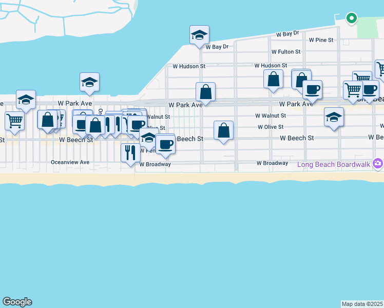 map of restaurants, bars, coffee shops, grocery stores, and more near 153 Lindell Boulevard in Long Beach