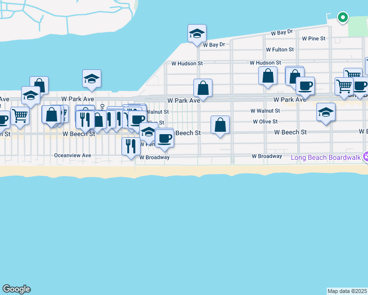 map of restaurants, bars, coffee shops, grocery stores, and more near 645 West Penn Street in Long Beach