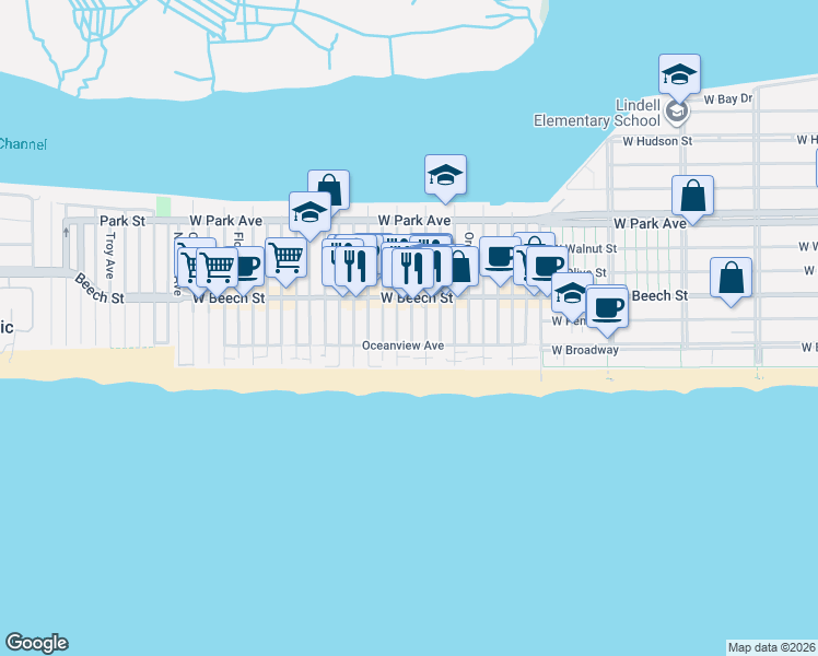 map of restaurants, bars, coffee shops, grocery stores, and more near 43 Wisconsin Street in Long Beach