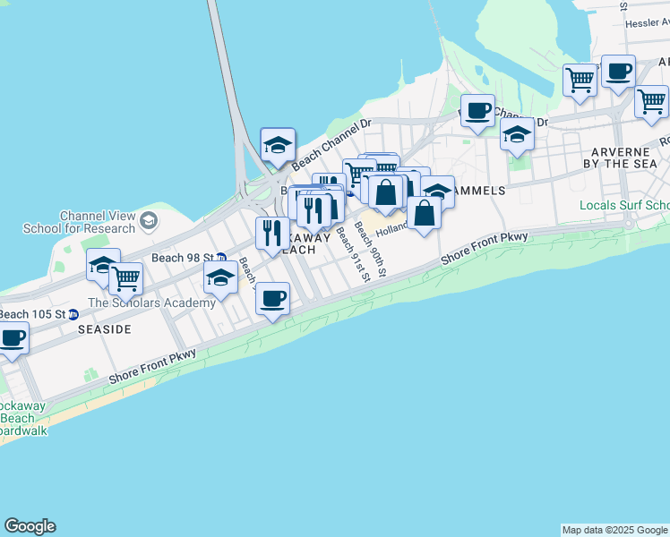 map of restaurants, bars, coffee shops, grocery stores, and more near 92-04 Holland Avenue in Queens