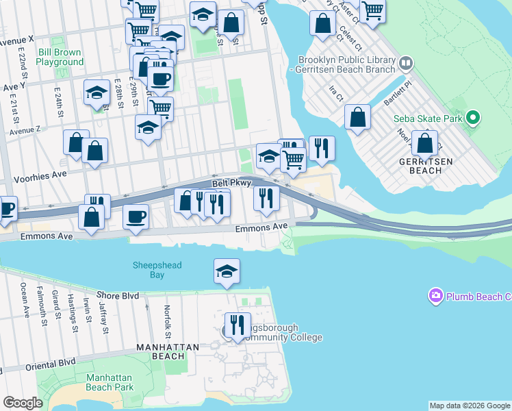 map of restaurants, bars, coffee shops, grocery stores, and more near 2790 Bragg Street in Brooklyn