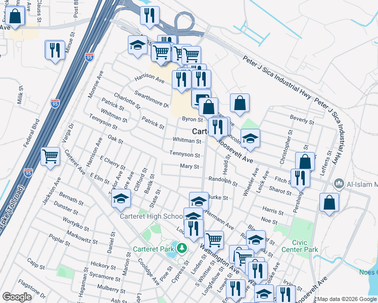map of restaurants, bars, coffee shops, grocery stores, and more near 17 Whitman Street in Carteret
