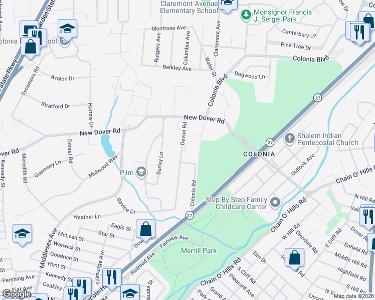 map of restaurants, bars, coffee shops, grocery stores, and more near 55 Devon Road in Woodbridge Township