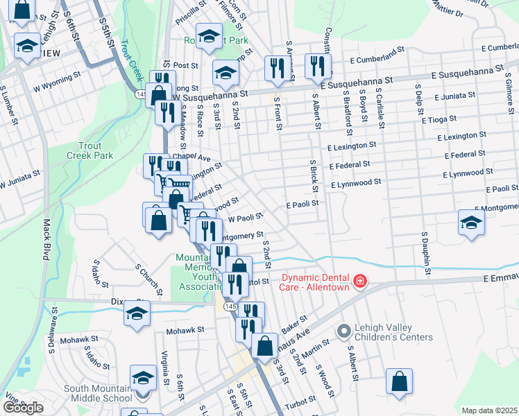 map of restaurants, bars, coffee shops, grocery stores, and more near 1714 Chapel Avenue in Allentown