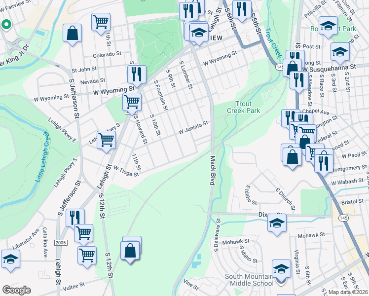 map of restaurants, bars, coffee shops, grocery stores, and more near 1322 South 9th Street in Allentown