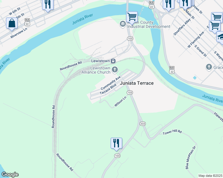 map of restaurants, bars, coffee shops, grocery stores, and more near 207 Terrace Boulevard in Lewistown