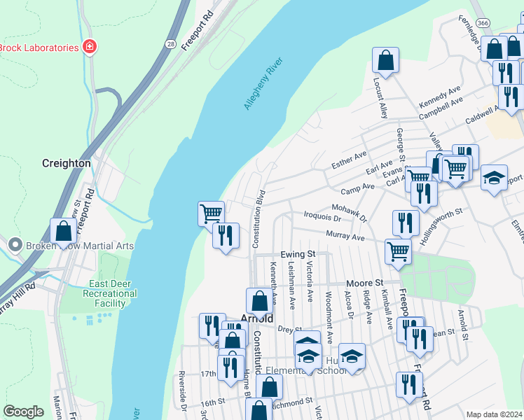 map of restaurants, bars, coffee shops, grocery stores, and more near 1 Railroad Street in New Kensington