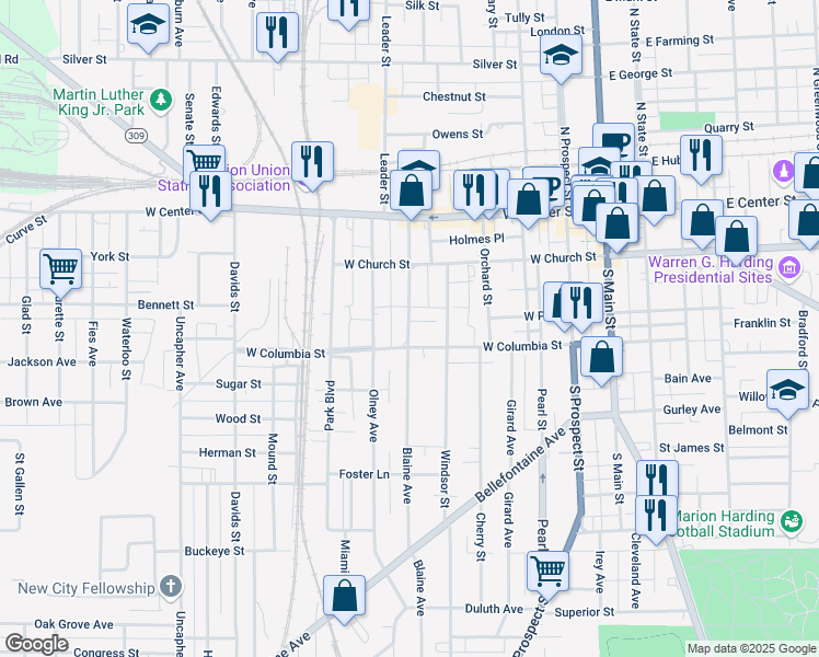 map of restaurants, bars, coffee shops, grocery stores, and more near 376 Nunin Court in Marion