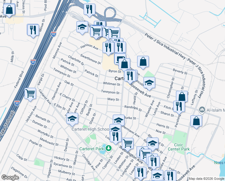 map of restaurants, bars, coffee shops, grocery stores, and more near 17 Whitman Street in Carteret