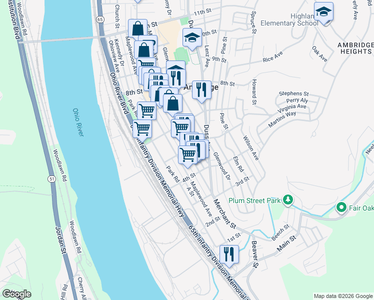 map of restaurants, bars, coffee shops, grocery stores, and more near 498 Merchant Street in Ambridge
