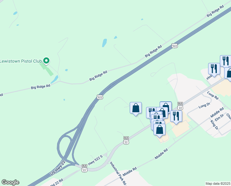 map of restaurants, bars, coffee shops, grocery stores, and more near 193 Cliffside Drive in Lewistown