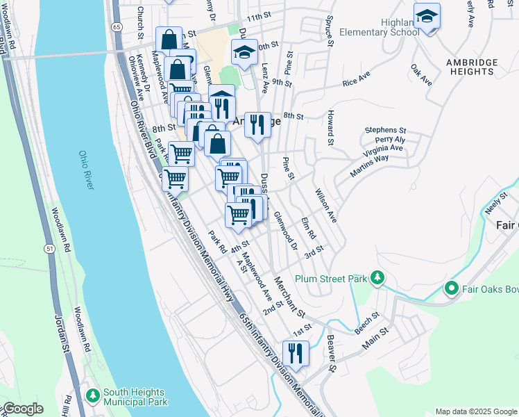 map of restaurants, bars, coffee shops, grocery stores, and more near 434 Melrose Avenue in Ambridge