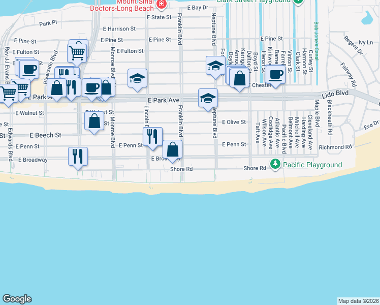 map of restaurants, bars, coffee shops, grocery stores, and more near 528 East Penn Street in Long Beach