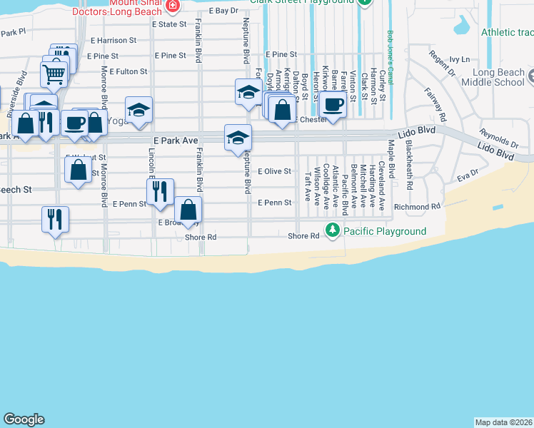 map of restaurants, bars, coffee shops, grocery stores, and more near 636 East Penn Street in Long Beach