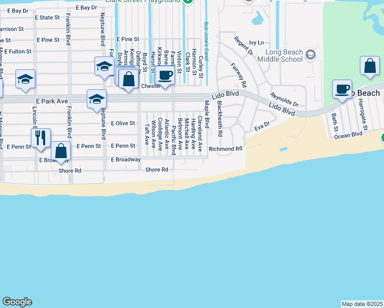 map of restaurants, bars, coffee shops, grocery stores, and more near 107 Harding Avenue in Long Beach