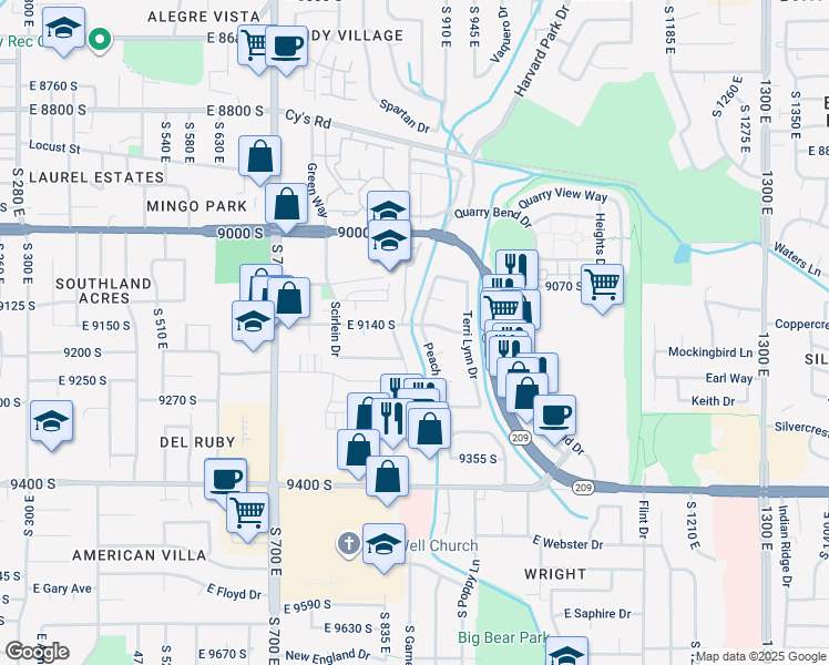 map of restaurants, bars, coffee shops, grocery stores, and more near 9144 South Peach Blossom Drive in Sandy