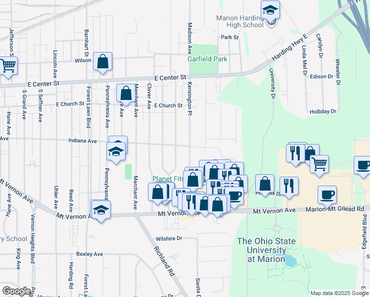 map of restaurants, bars, coffee shops, grocery stores, and more near 1237 Indiana Avenue in Marion