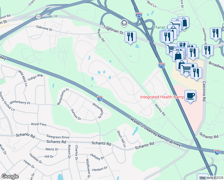 map of restaurants, bars, coffee shops, grocery stores, and more near 380 Redclover Lane in Allentown