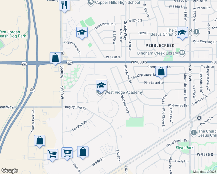 map of restaurants, bars, coffee shops, grocery stores, and more near 5398 Bagley Park Road in West Jordan
