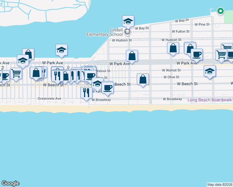 map of restaurants, bars, coffee shops, grocery stores, and more near 645 West Penn Street in Long Beach