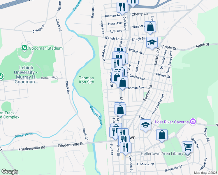 map of restaurants, bars, coffee shops, grocery stores, and more near 57 West Thomas Avenue in Hellertown