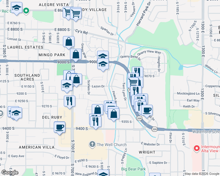 map of restaurants, bars, coffee shops, grocery stores, and more near 9144 South Peach Blossom Drive in Sandy